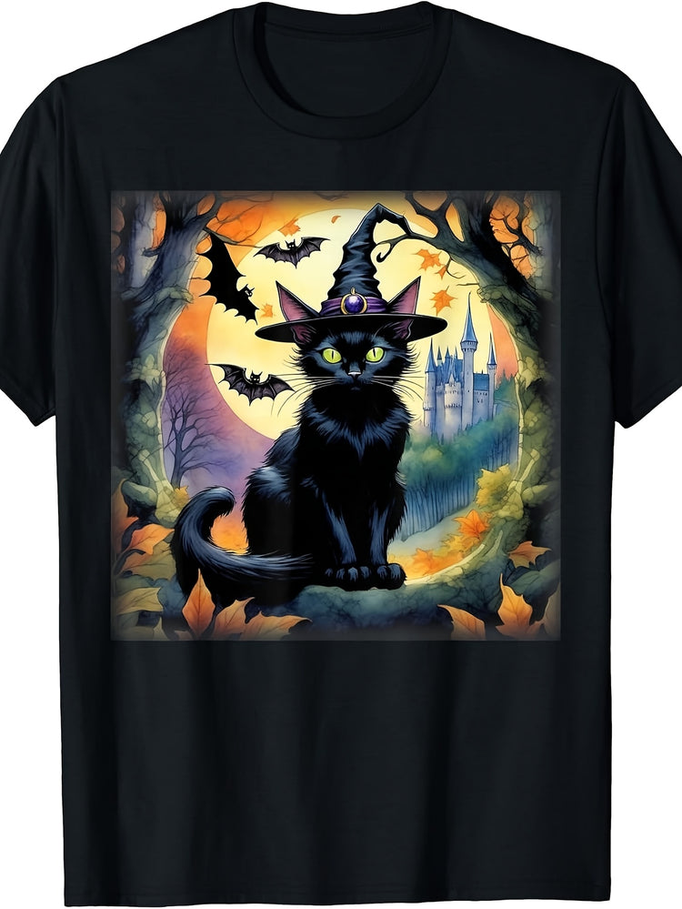 Black Cat Witch Hat Halloween Full Moon Bats Colorful Autumn T-Shirt