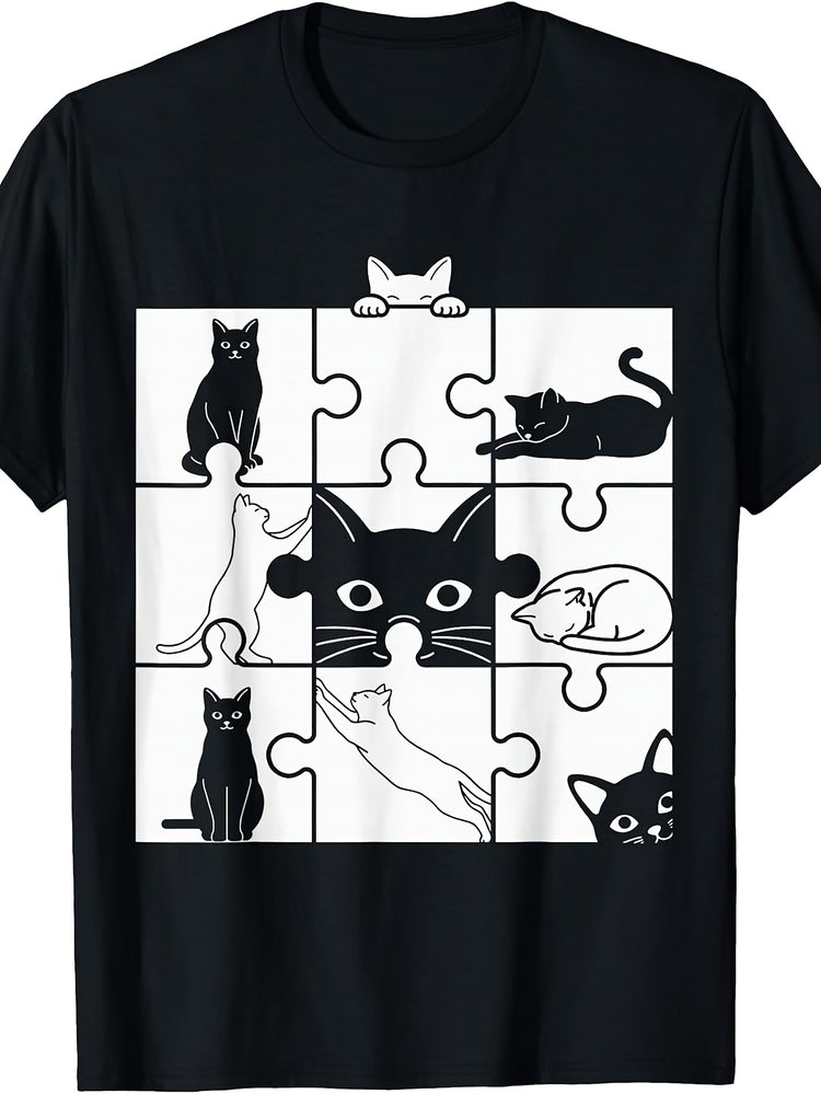 Men's And Women's T-Shirt, Funny Black Cat Puzzle Pattern, Casual Daily Wear Summer Spring Autumn