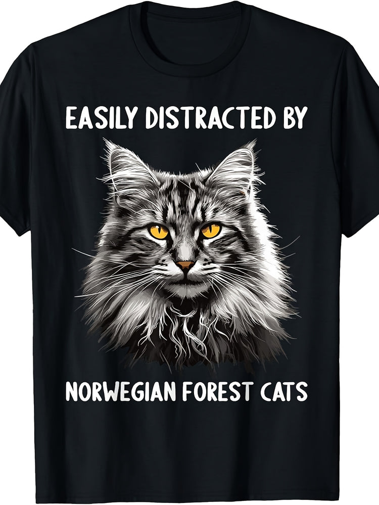 Funny Graphic Tee, Men's And Women's T-Shirt, Easily Distracted By Norwegian Forest Cats Cat Lover Design, Casual Daily Wear Summer Spring Fall