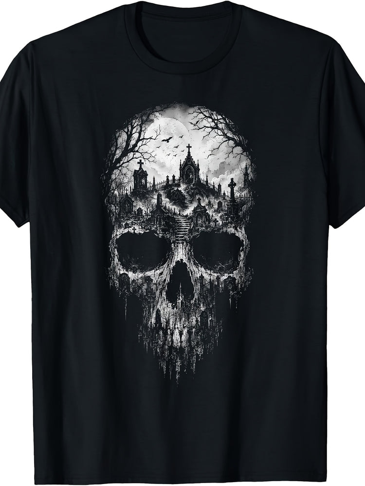 Gothic Skull Graveyard Moon Horror Halloween Cemetery T-Shirt