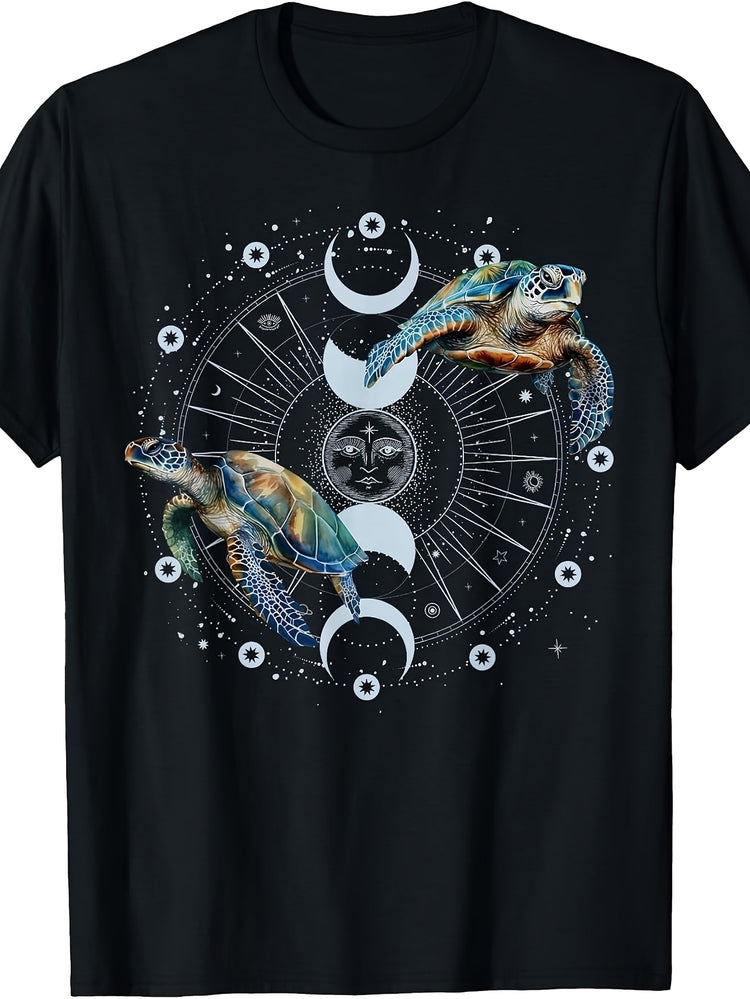 Mystical Style, Men'S And Women'S T-Shirt, Sea Turtles with Moon Phases And Celestial Design, Casual Wear Summer Spring