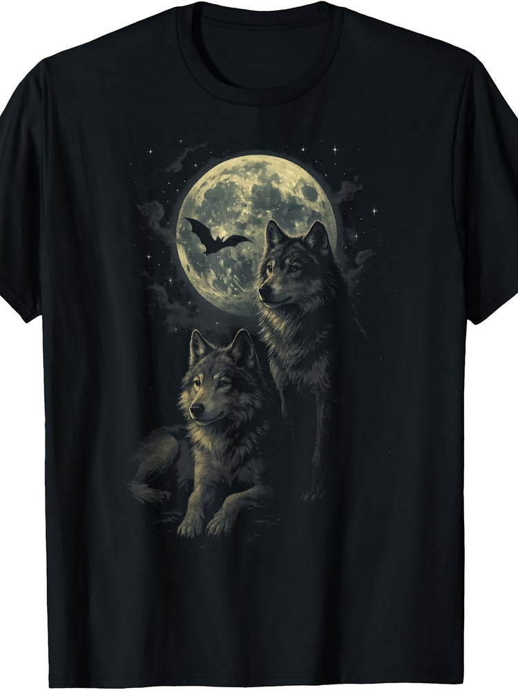 Men'S And Women'S T-Shirt, Gothic Style, Wolf Howling at Moon with Bat Silhouette Night Sky Design, Halloween Autumn Outdoor Casual Wear